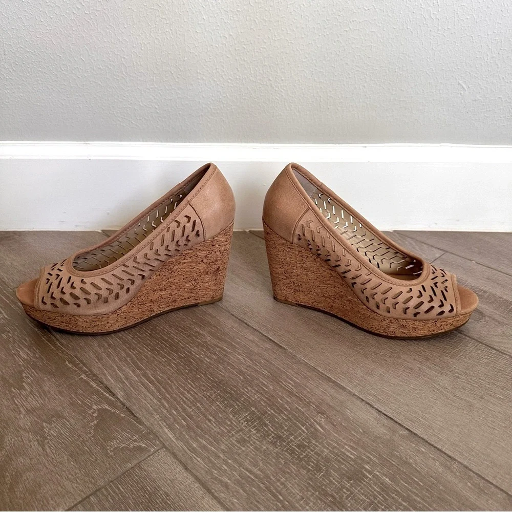 Adrienne Vittadini Carilena Taupe Cutout Leather Cork Wedge Peep Toe